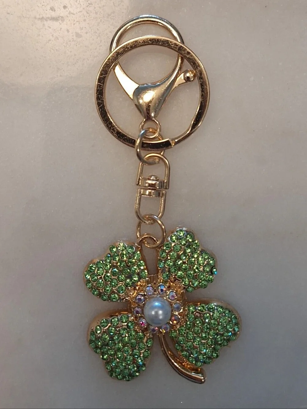 Green & Gold Four Leaf Clover Rhinestoned Keychain
